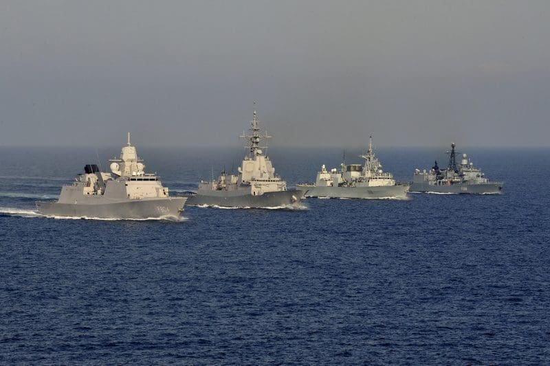 Surge complete, moving out https://commons.wikimedia.org/wiki/File:Royal_Netherlands_Navy_frigate_HNLMS_De_Ruyter,_German_Navy_frigate_FGS_Rheinland-Pfalz,_Royal_Canadian_Navy_frigate_HMCS_Charl